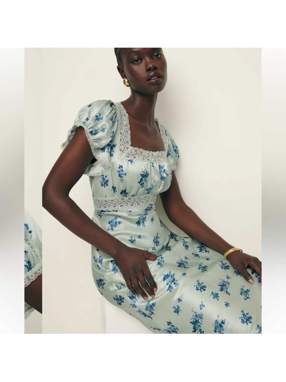New Reformation Silk Clarisse Blue Floral Square-Neck Maxi Dress. Size 4. - Picture 2 of 12